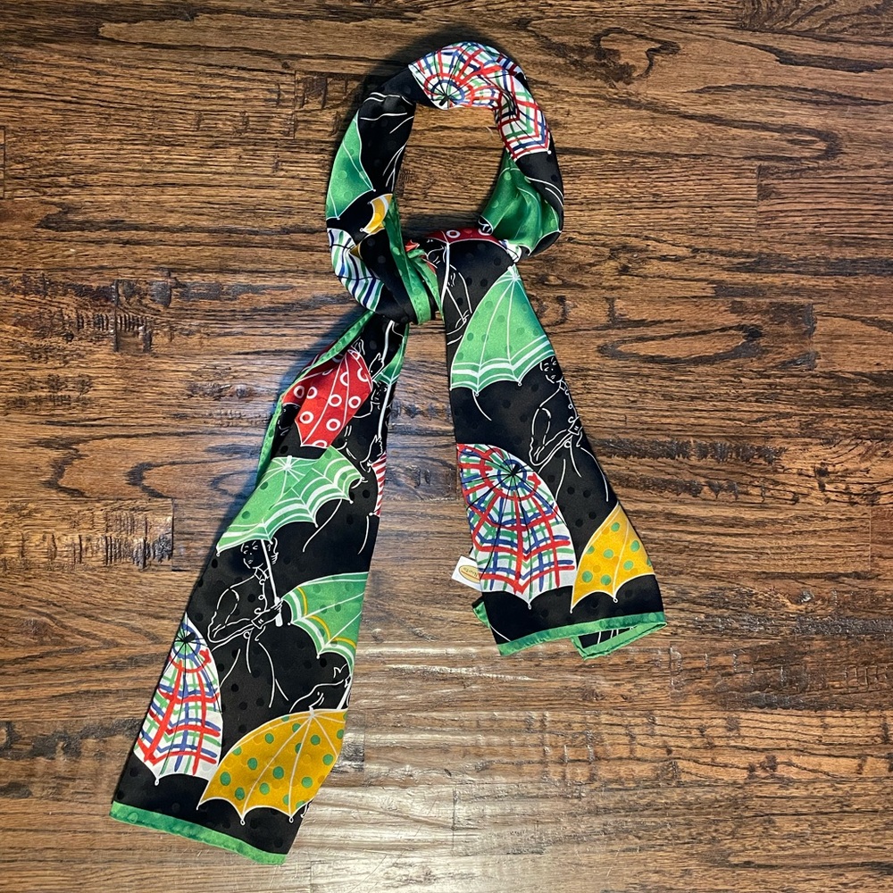 Talbots Black Scarf with Green, Yellow, Red & Multicolor Umbrella Print